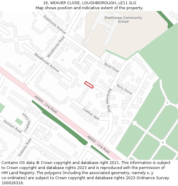 16, WEAVER CLOSE, LOUGHBOROUGH, LE11 2LG: Location map and indicative extent of plot