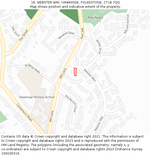 16, WEBSTER WAY, HAWKINGE, FOLKESTONE, CT18 7QG: Location map and indicative extent of plot