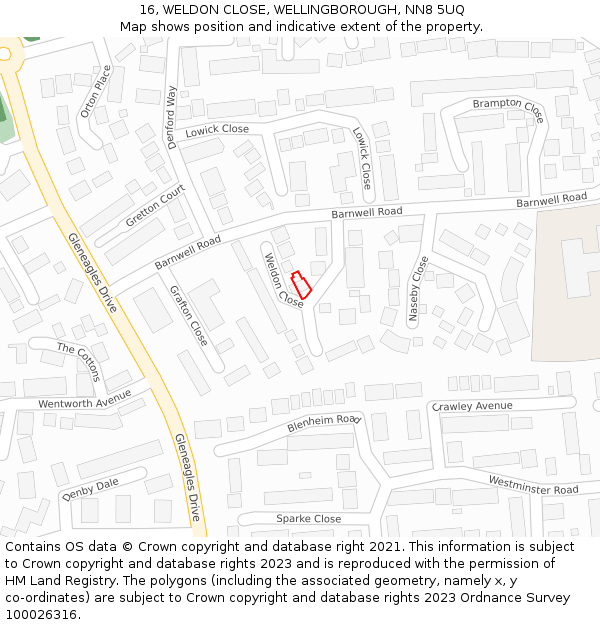 16, WELDON CLOSE, WELLINGBOROUGH, NN8 5UQ: Location map and indicative extent of plot