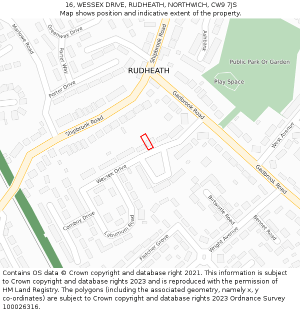 16, WESSEX DRIVE, RUDHEATH, NORTHWICH, CW9 7JS: Location map and indicative extent of plot