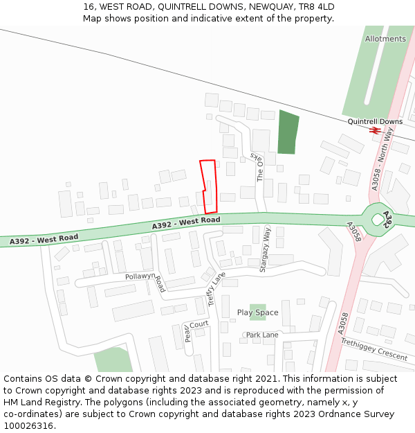 16, WEST ROAD, QUINTRELL DOWNS, NEWQUAY, TR8 4LD: Location map and indicative extent of plot