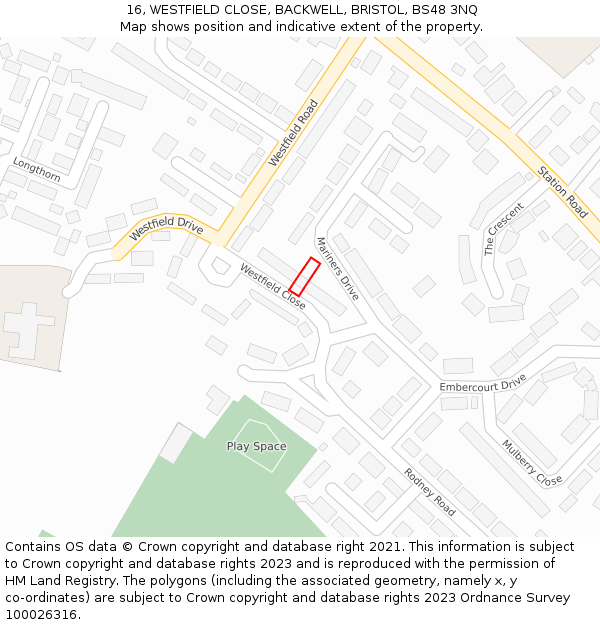 16, WESTFIELD CLOSE, BACKWELL, BRISTOL, BS48 3NQ: Location map and indicative extent of plot