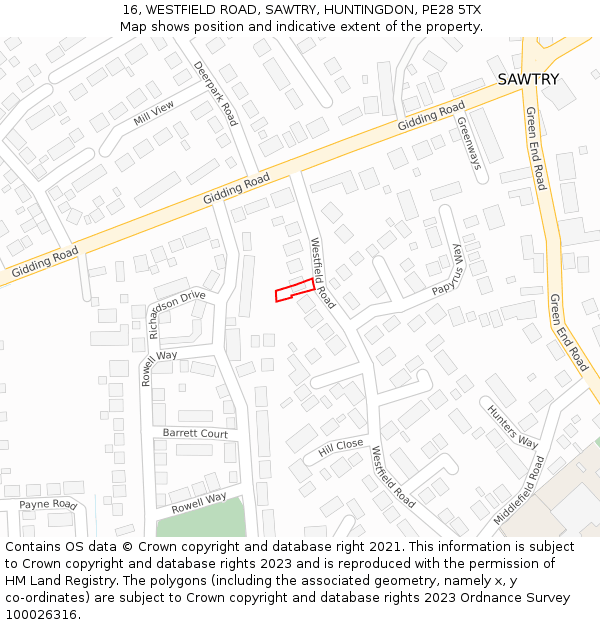 16, WESTFIELD ROAD, SAWTRY, HUNTINGDON, PE28 5TX: Location map and indicative extent of plot