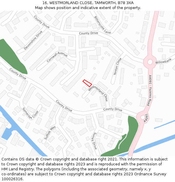 16, WESTMORLAND CLOSE, TAMWORTH, B78 3XA: Location map and indicative extent of plot