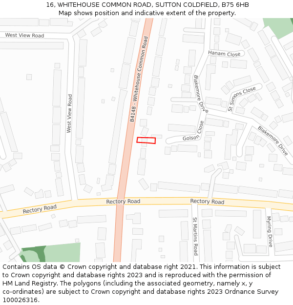 16, WHITEHOUSE COMMON ROAD, SUTTON COLDFIELD, B75 6HB: Location map and indicative extent of plot