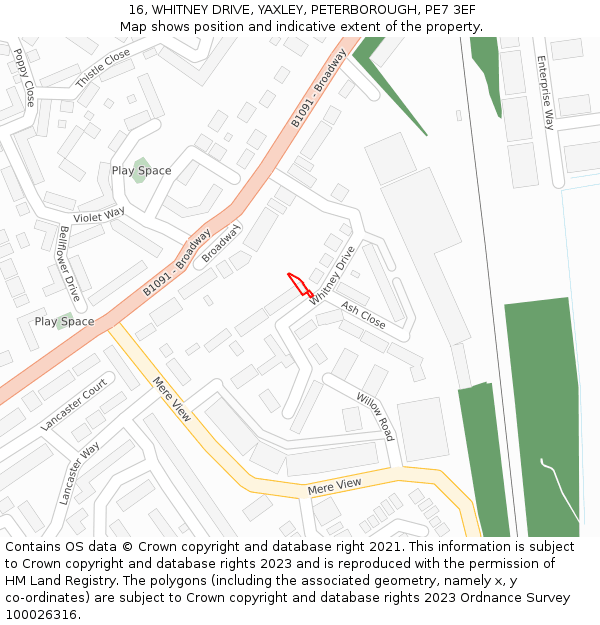 16, WHITNEY DRIVE, YAXLEY, PETERBOROUGH, PE7 3EF: Location map and indicative extent of plot