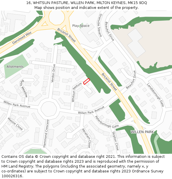 16, WHITSUN PASTURE, WILLEN PARK, MILTON KEYNES, MK15 9DQ: Location map and indicative extent of plot