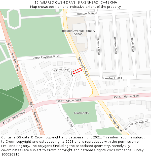 16, WILFRED OWEN DRIVE, BIRKENHEAD, CH41 0HA: Location map and indicative extent of plot