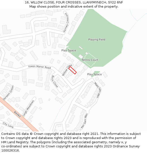 16, WILLOW CLOSE, FOUR CROSSES, LLANYMYNECH, SY22 6NF: Location map and indicative extent of plot