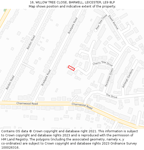 16, WILLOW TREE CLOSE, BARWELL, LEICESTER, LE9 8LP: Location map and indicative extent of plot