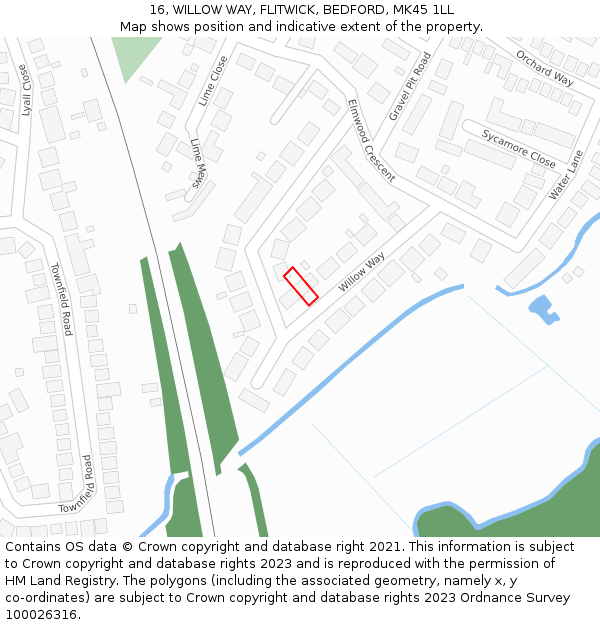 16, WILLOW WAY, FLITWICK, BEDFORD, MK45 1LL: Location map and indicative extent of plot