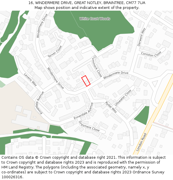 16, WINDERMERE DRIVE, GREAT NOTLEY, BRAINTREE, CM77 7UA: Location map and indicative extent of plot