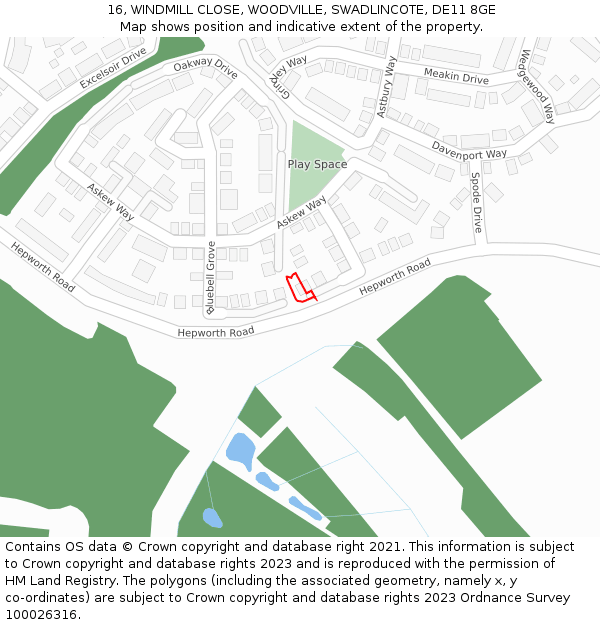 16, WINDMILL CLOSE, WOODVILLE, SWADLINCOTE, DE11 8GE: Location map and indicative extent of plot