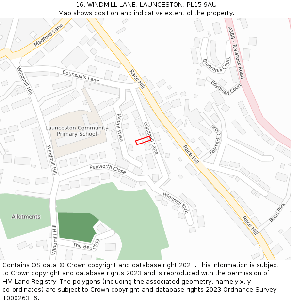 16, WINDMILL LANE, LAUNCESTON, PL15 9AU: Location map and indicative extent of plot