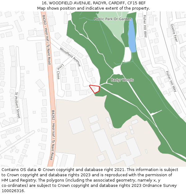 16, WOODFIELD AVENUE, RADYR, CARDIFF, CF15 8EF: Location map and indicative extent of plot