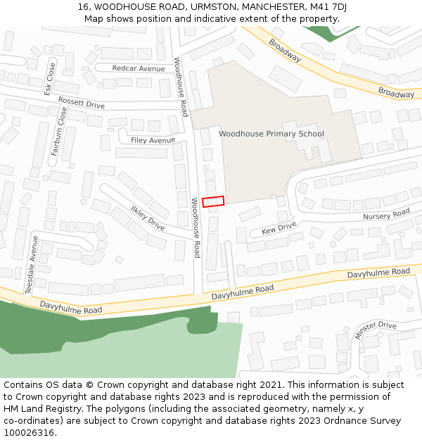 16, WOODHOUSE ROAD, URMSTON, MANCHESTER, M41 7DJ: Location map and indicative extent of plot