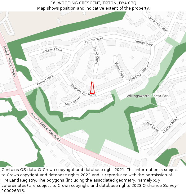 16, WOODING CRESCENT, TIPTON, DY4 0BQ: Location map and indicative extent of plot