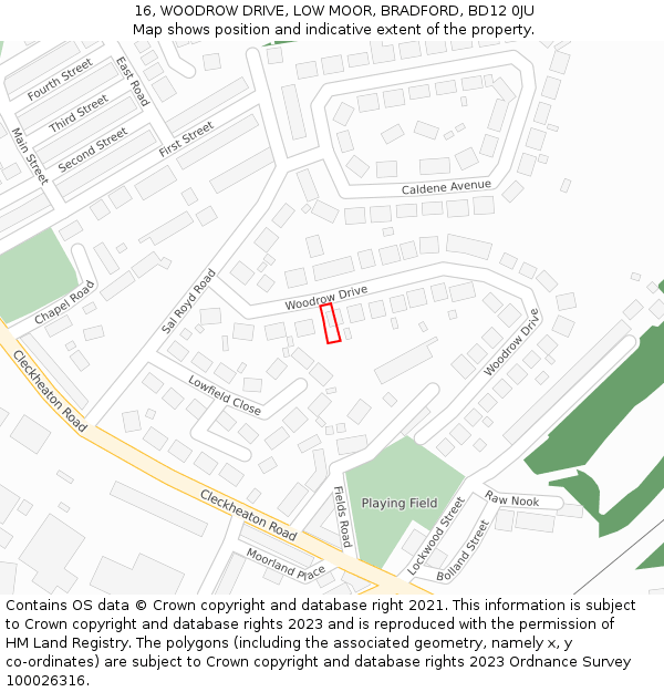 16, WOODROW DRIVE, LOW MOOR, BRADFORD, BD12 0JU: Location map and indicative extent of plot