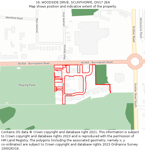 16, WOODSIDE DRIVE, SCUNTHORPE, DN17 2EA: Location map and indicative extent of plot