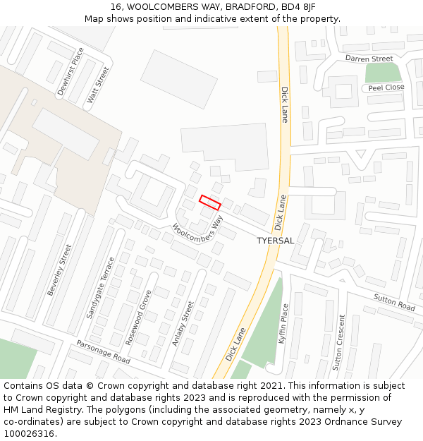 16, WOOLCOMBERS WAY, BRADFORD, BD4 8JF: Location map and indicative extent of plot