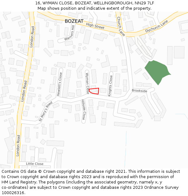 16, WYMAN CLOSE, BOZEAT, WELLINGBOROUGH, NN29 7LF: Location map and indicative extent of plot