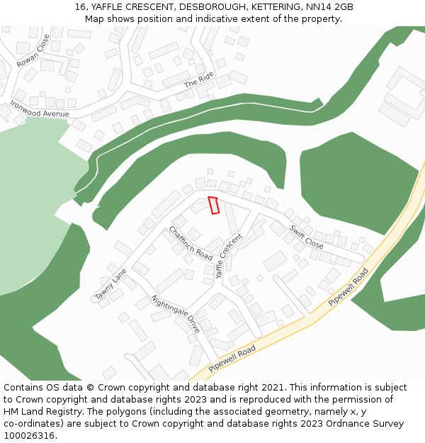 16, YAFFLE CRESCENT, DESBOROUGH, KETTERING, NN14 2GB: Location map and indicative extent of plot