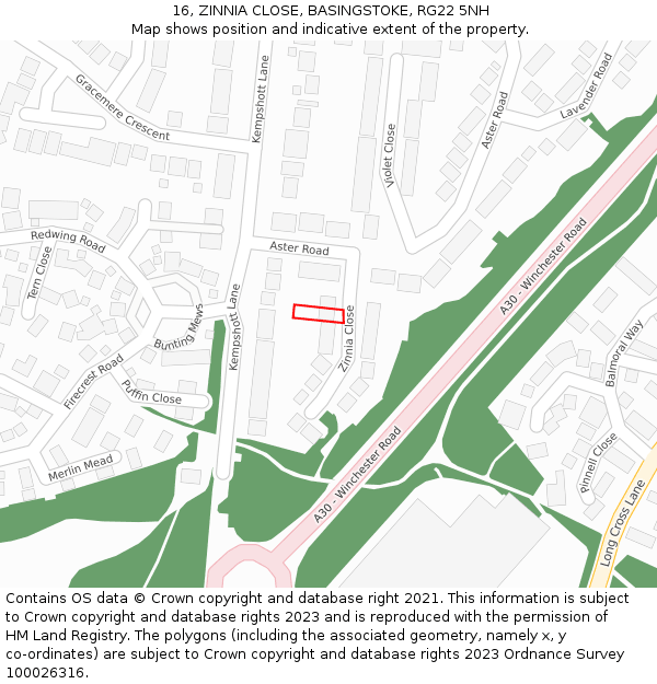 16, ZINNIA CLOSE, BASINGSTOKE, RG22 5NH: Location map and indicative extent of plot