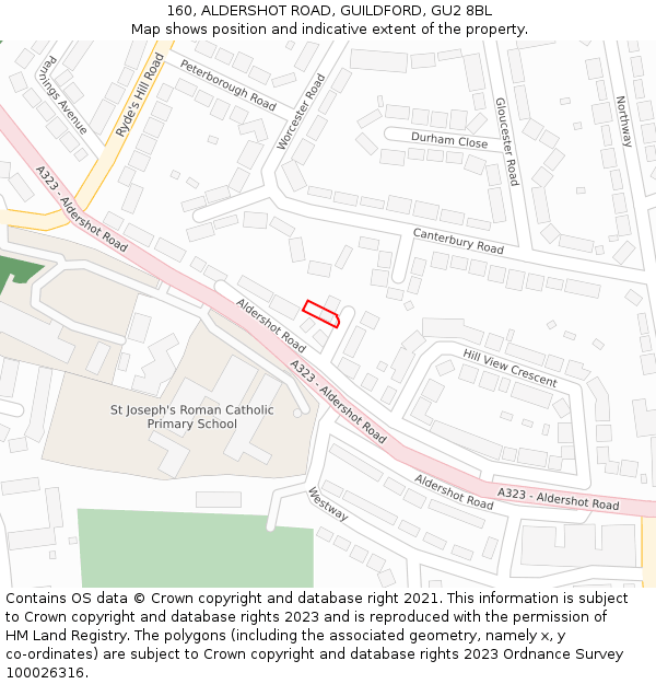 160, ALDERSHOT ROAD, GUILDFORD, GU2 8BL: Location map and indicative extent of plot