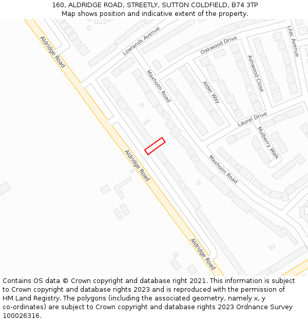 160, ALDRIDGE ROAD, STREETLY, SUTTON COLDFIELD, B74 3TP: Location map and indicative extent of plot