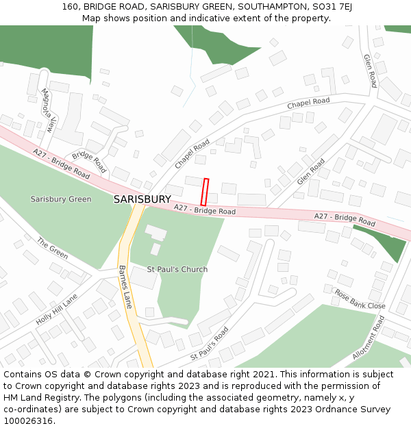 160, BRIDGE ROAD, SARISBURY GREEN, SOUTHAMPTON, SO31 7EJ: Location map and indicative extent of plot