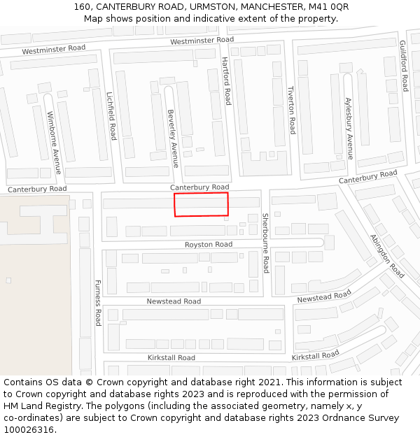 160, CANTERBURY ROAD, URMSTON, MANCHESTER, M41 0QR: Location map and indicative extent of plot