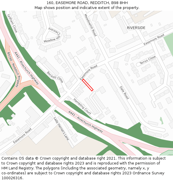 160, EASEMORE ROAD, REDDITCH, B98 8HH: Location map and indicative extent of plot