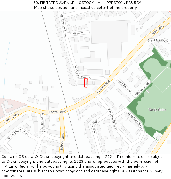 160, FIR TREES AVENUE, LOSTOCK HALL, PRESTON, PR5 5SY: Location map and indicative extent of plot