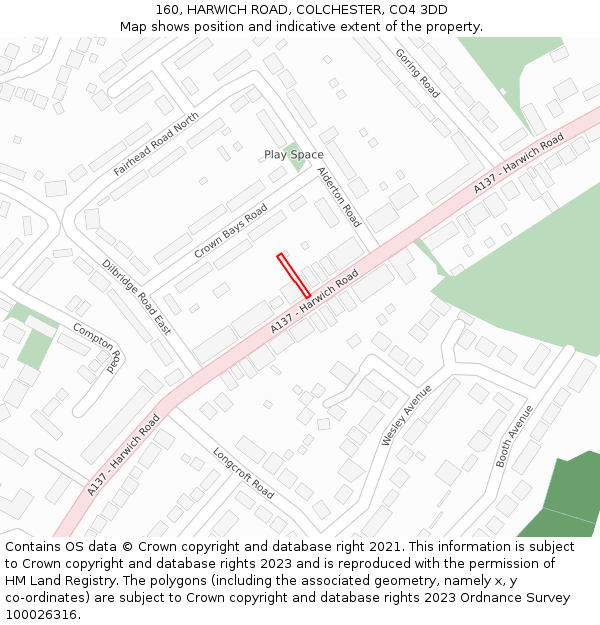 160, HARWICH ROAD, COLCHESTER, CO4 3DD: Location map and indicative extent of plot