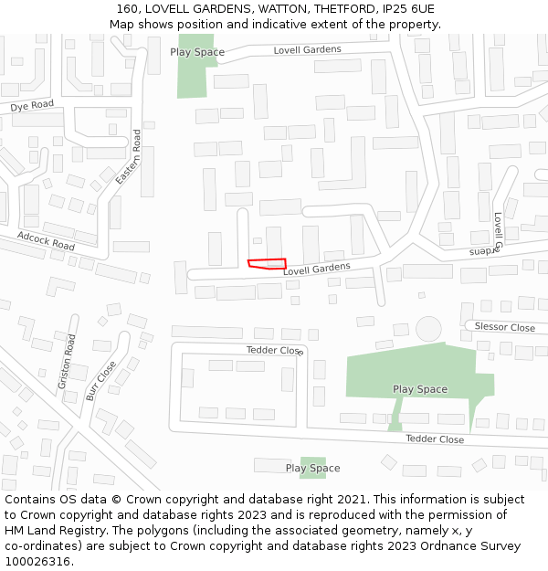 160, LOVELL GARDENS, WATTON, THETFORD, IP25 6UE: Location map and indicative extent of plot