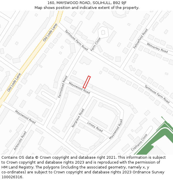 160, MAYSWOOD ROAD, SOLIHULL, B92 9JF: Location map and indicative extent of plot