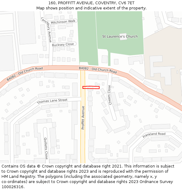 160, PROFFITT AVENUE, COVENTRY, CV6 7ET: Location map and indicative extent of plot