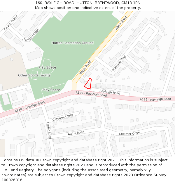 160, RAYLEIGH ROAD, HUTTON, BRENTWOOD, CM13 1PN: Location map and indicative extent of plot