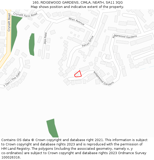 160, RIDGEWOOD GARDENS, CIMLA, NEATH, SA11 3QG: Location map and indicative extent of plot