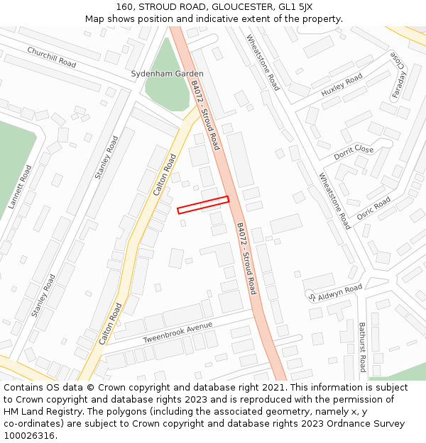 160, STROUD ROAD, GLOUCESTER, GL1 5JX: Location map and indicative extent of plot