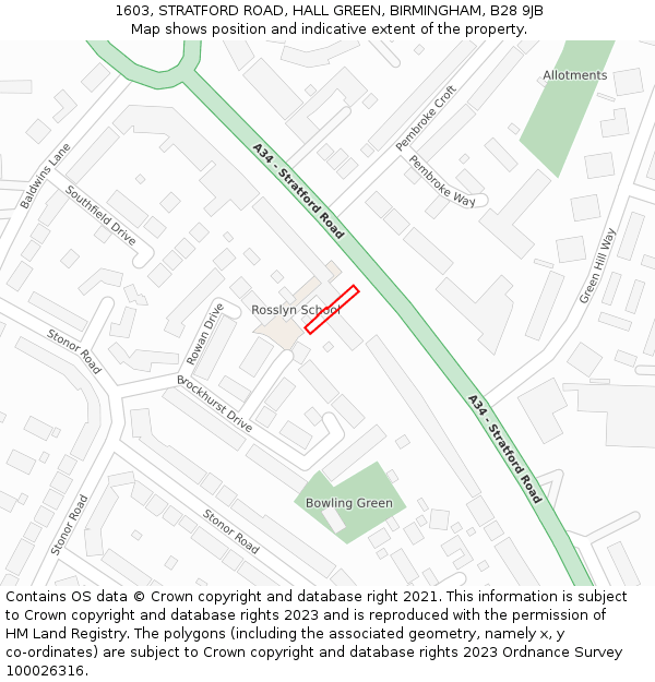 1603, STRATFORD ROAD, HALL GREEN, BIRMINGHAM, B28 9JB: Location map and indicative extent of plot