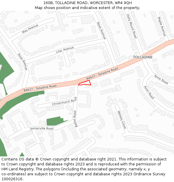 160B, TOLLADINE ROAD, WORCESTER, WR4 9QH: Location map and indicative extent of plot