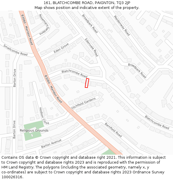 161, BLATCHCOMBE ROAD, PAIGNTON, TQ3 2JP: Location map and indicative extent of plot