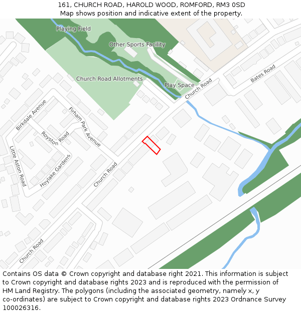 161, CHURCH ROAD, HAROLD WOOD, ROMFORD, RM3 0SD: Location map and indicative extent of plot