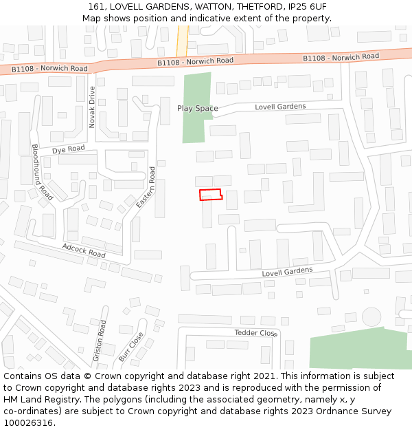 161, LOVELL GARDENS, WATTON, THETFORD, IP25 6UF: Location map and indicative extent of plot