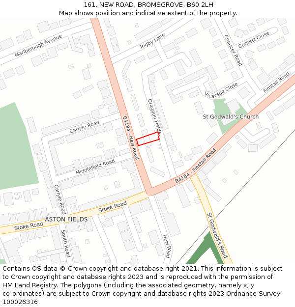 161, NEW ROAD, BROMSGROVE, B60 2LH: Location map and indicative extent of plot