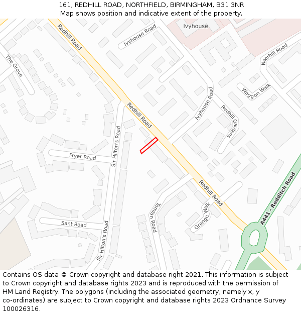 161, REDHILL ROAD, NORTHFIELD, BIRMINGHAM, B31 3NR: Location map and indicative extent of plot