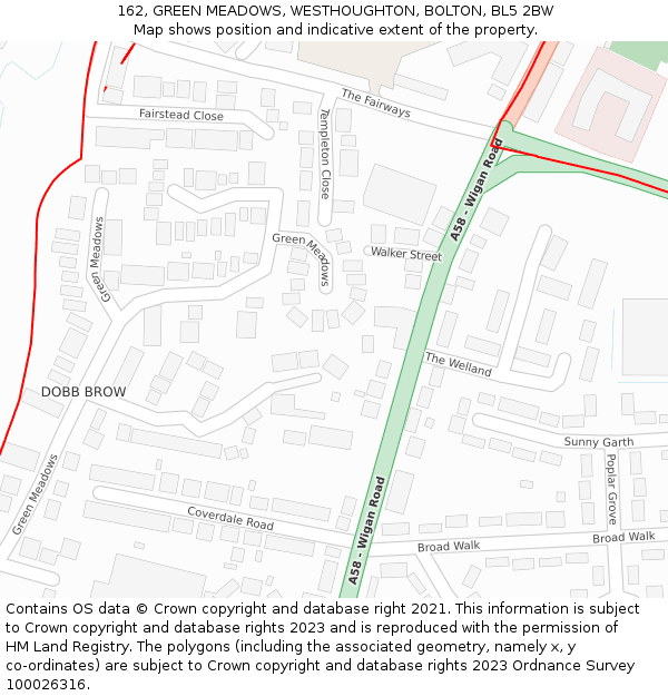 162, GREEN MEADOWS, WESTHOUGHTON, BOLTON, BL5 2BW: Location map and indicative extent of plot