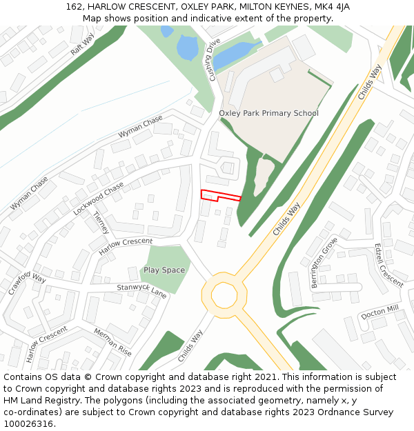 162, HARLOW CRESCENT, OXLEY PARK, MILTON KEYNES, MK4 4JA: Location map and indicative extent of plot