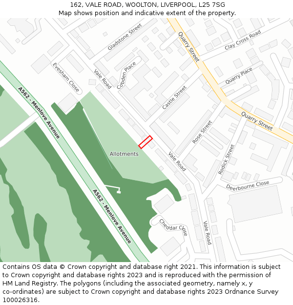 162, VALE ROAD, WOOLTON, LIVERPOOL, L25 7SG: Location map and indicative extent of plot